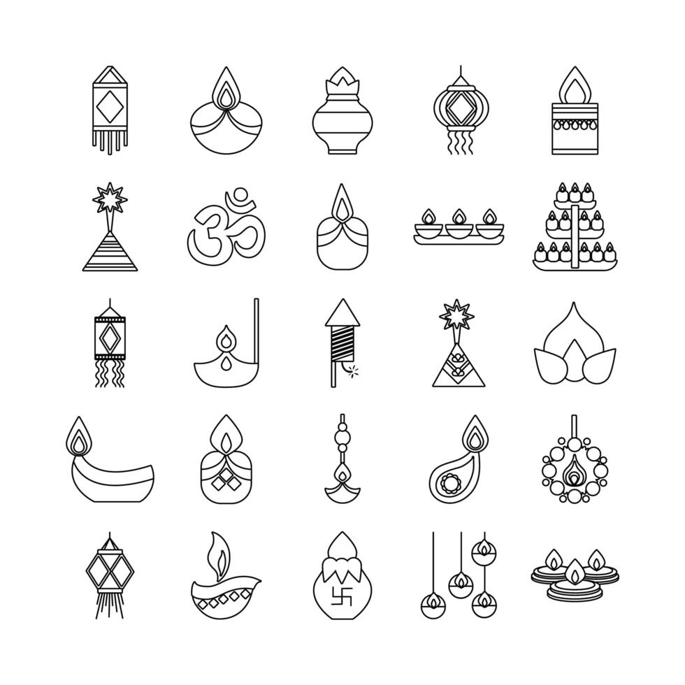 bundle of twenty five diwali set line style icons vector