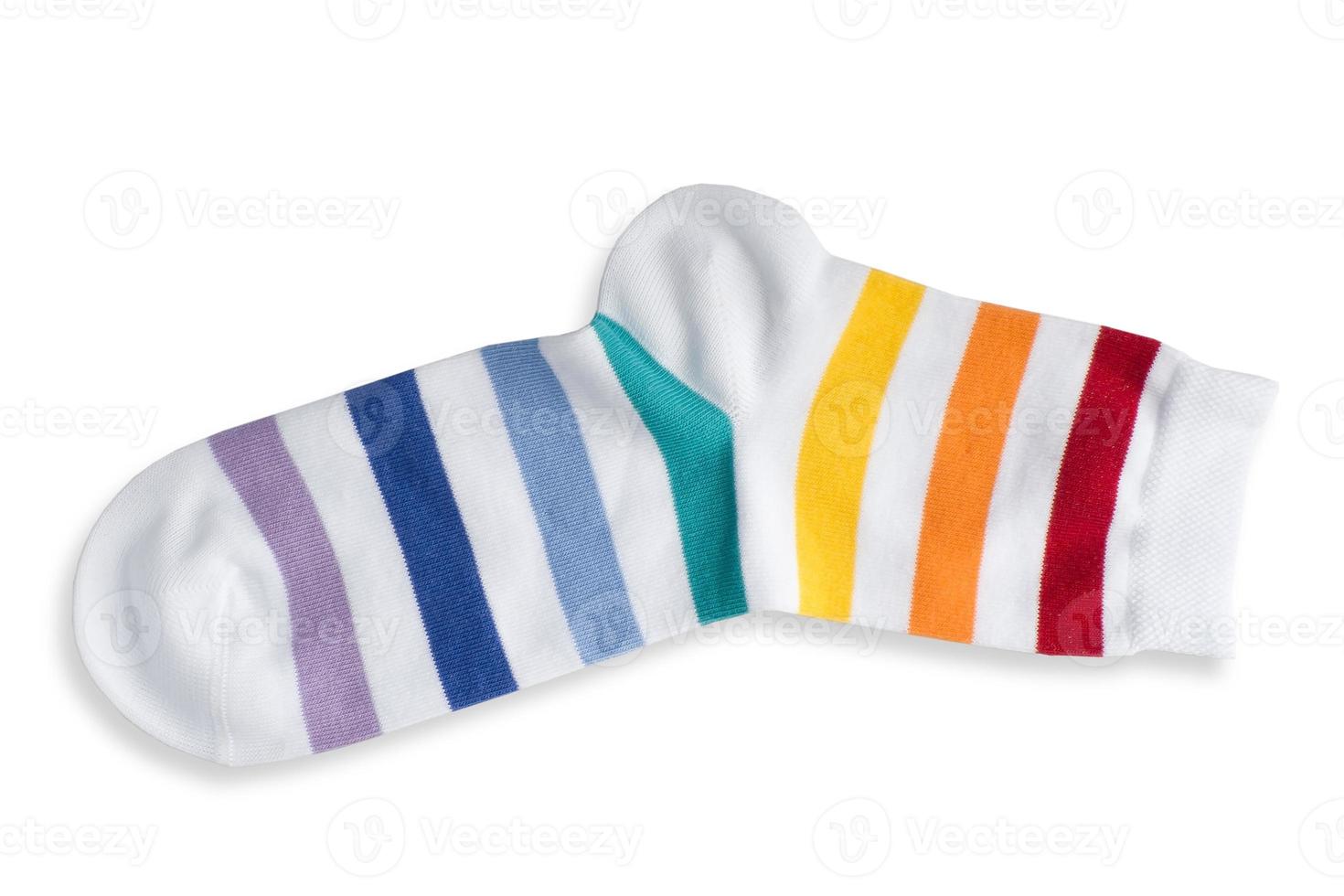white socks in stripes of different colors on a white background, isolate photo