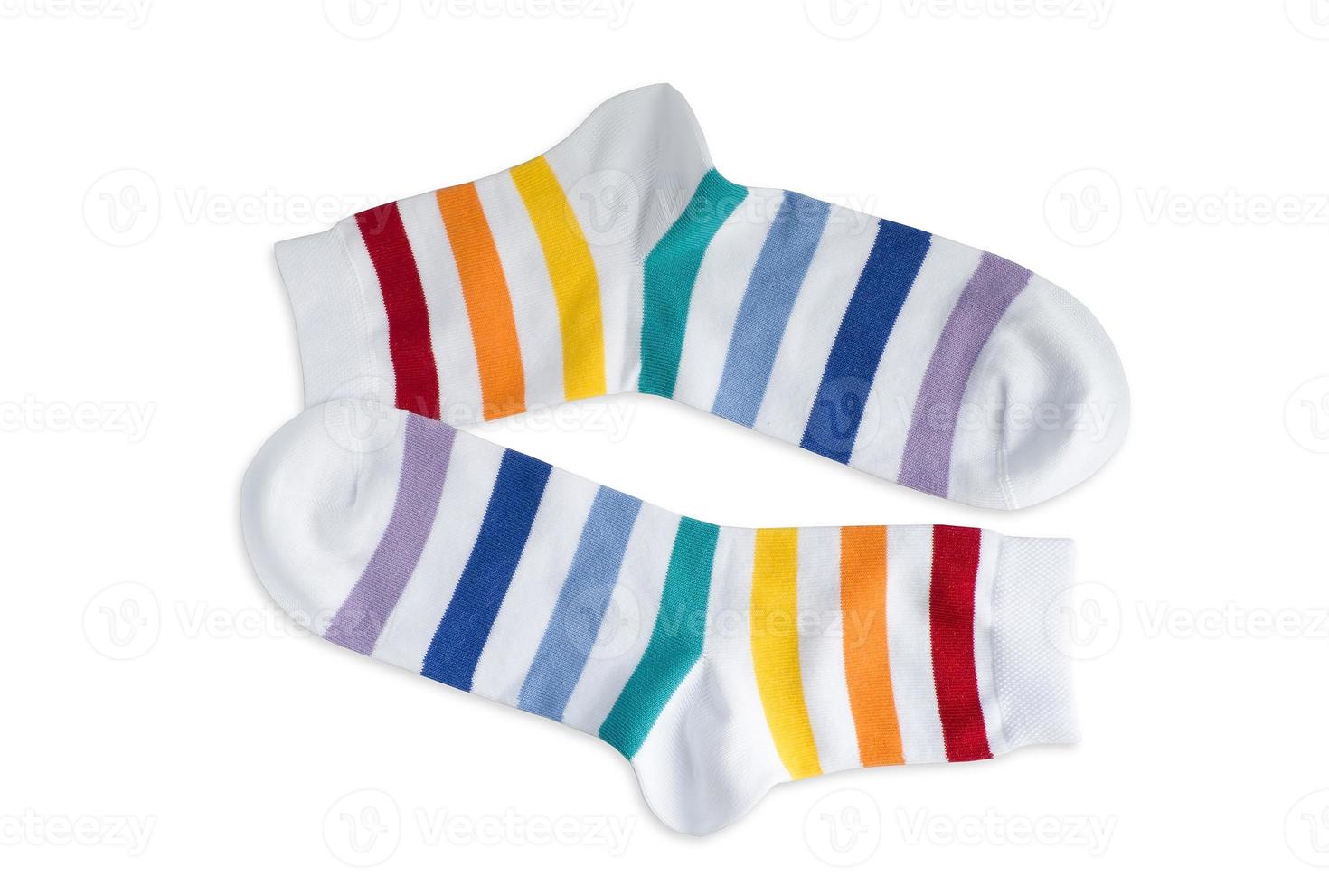 white socks in stripes of different colors on a white background, isolate photo