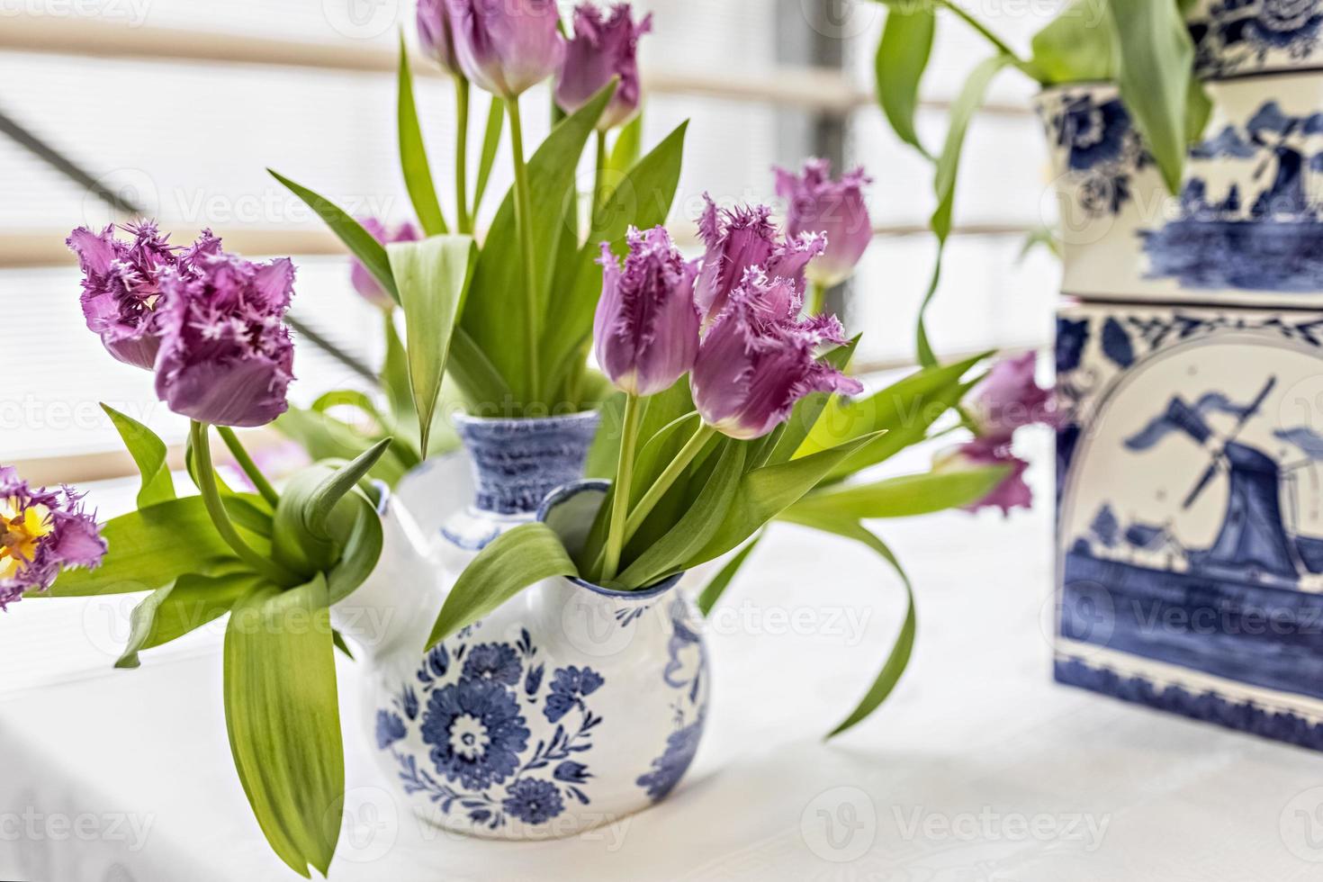 Purple tulips in a vase in the garden. Spring. Bloom. photo