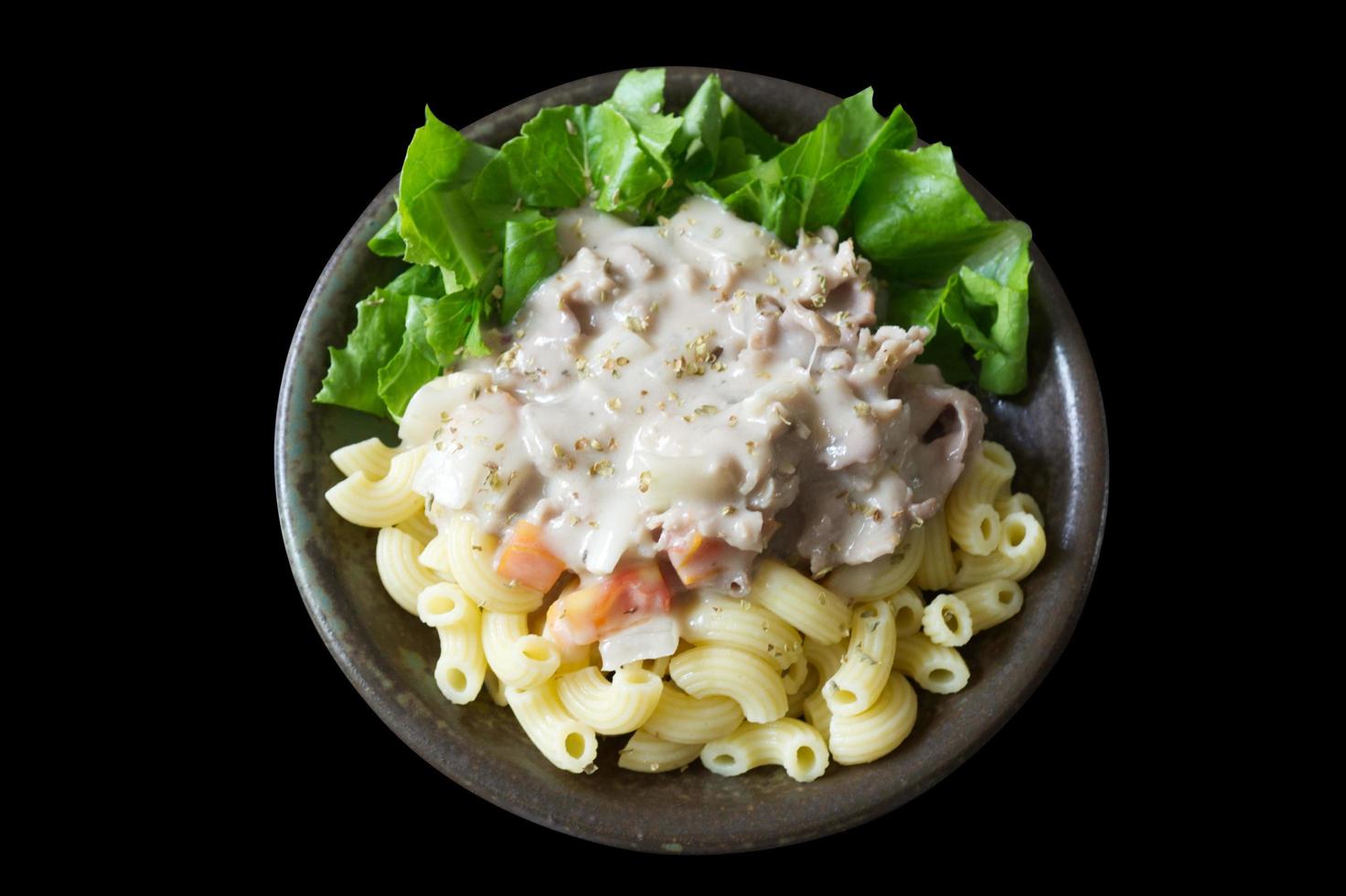 Macaroni white creamy sauce with pork photo