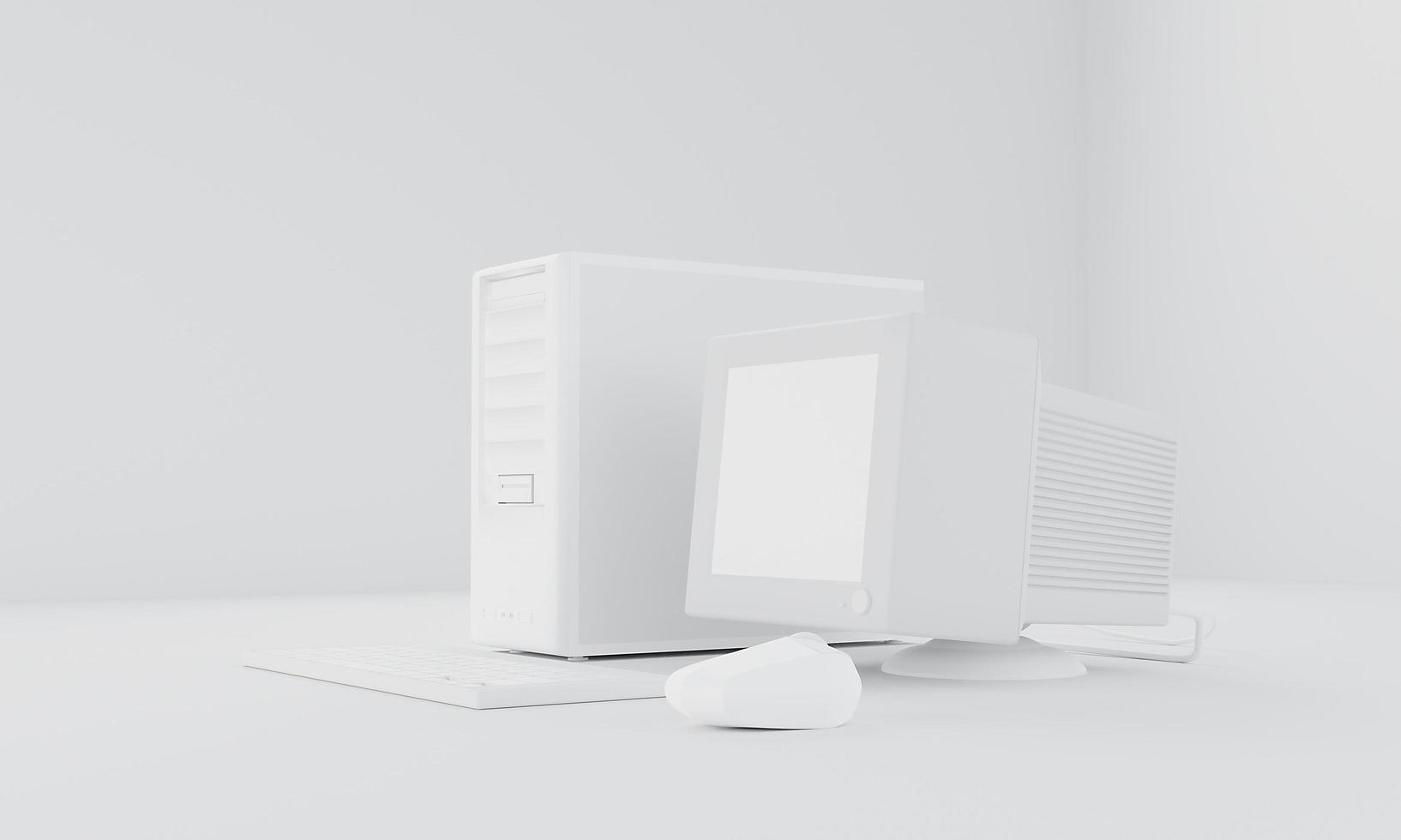 3D rendering old computer standard workstation crt white screen atx case mouse keyboard wireless on white background photo