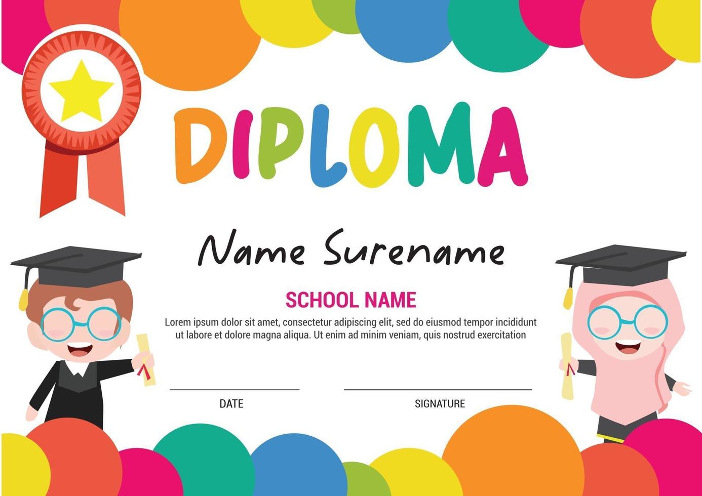 Diploma Certificate For Preschool And Elementary School Kids muslim multipurpose stars and colorfull vector