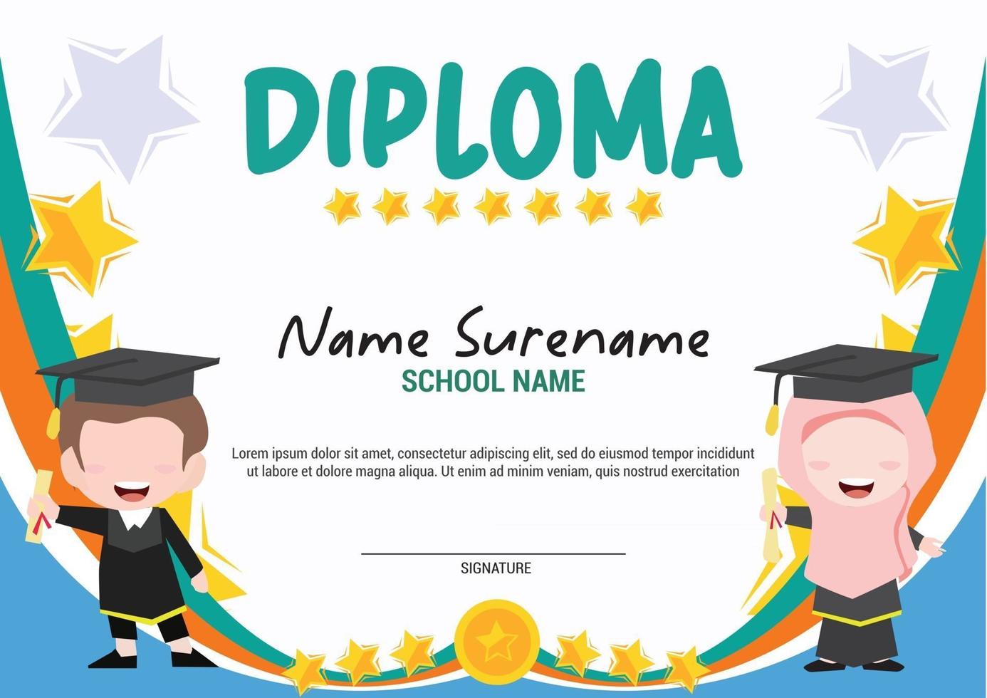 Diploma Certificate For Preschool And Elementary School Kids muslim multipurpose vector
