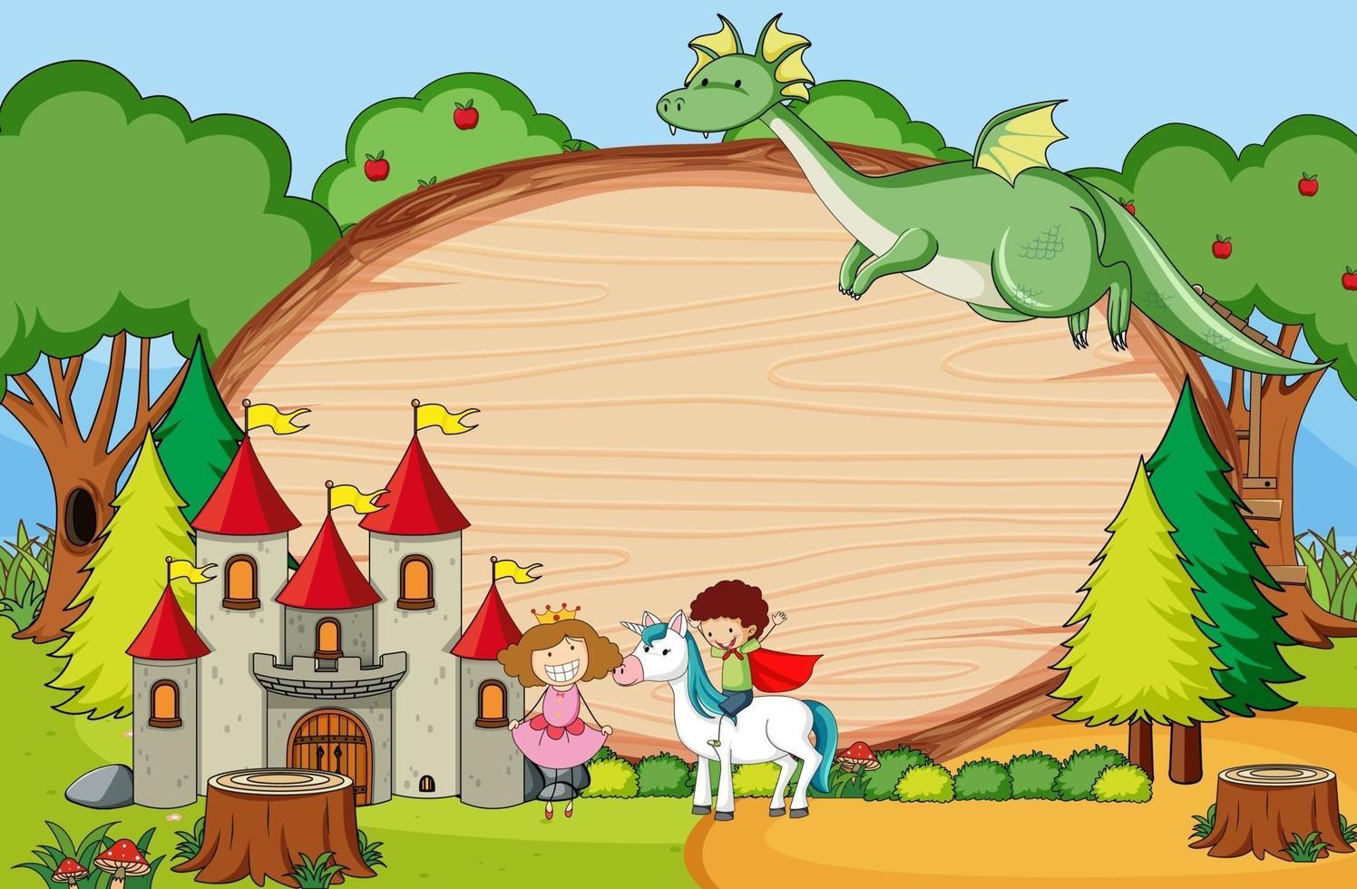 Escena de fantasía con tablero de madera en blanco en forma ovalada con personaje de dibujos animados de doodle para niños vector