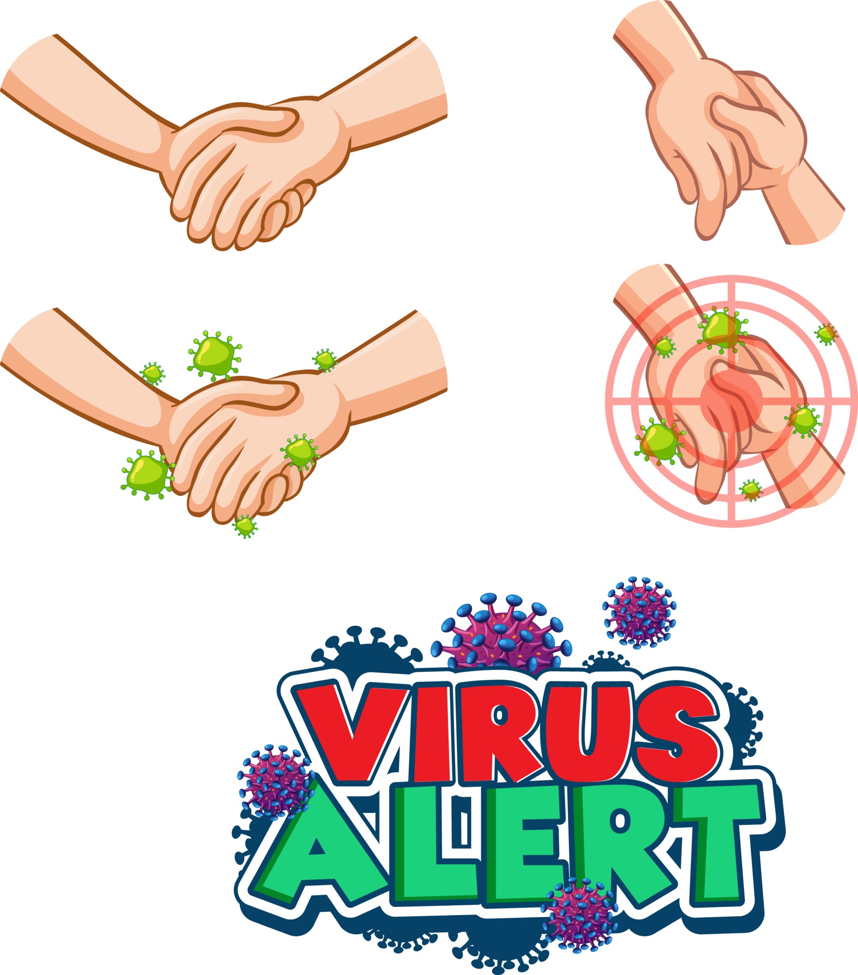 Virus Alert font design with virus spreads from shaking hands on white