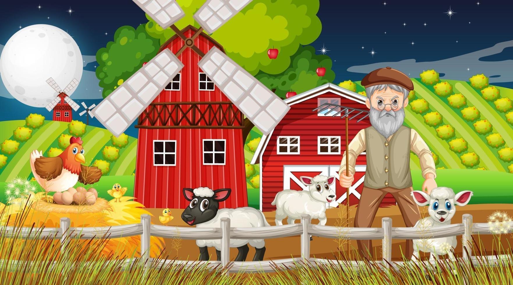Farm at night scene with old farmer man and farm animals vector
