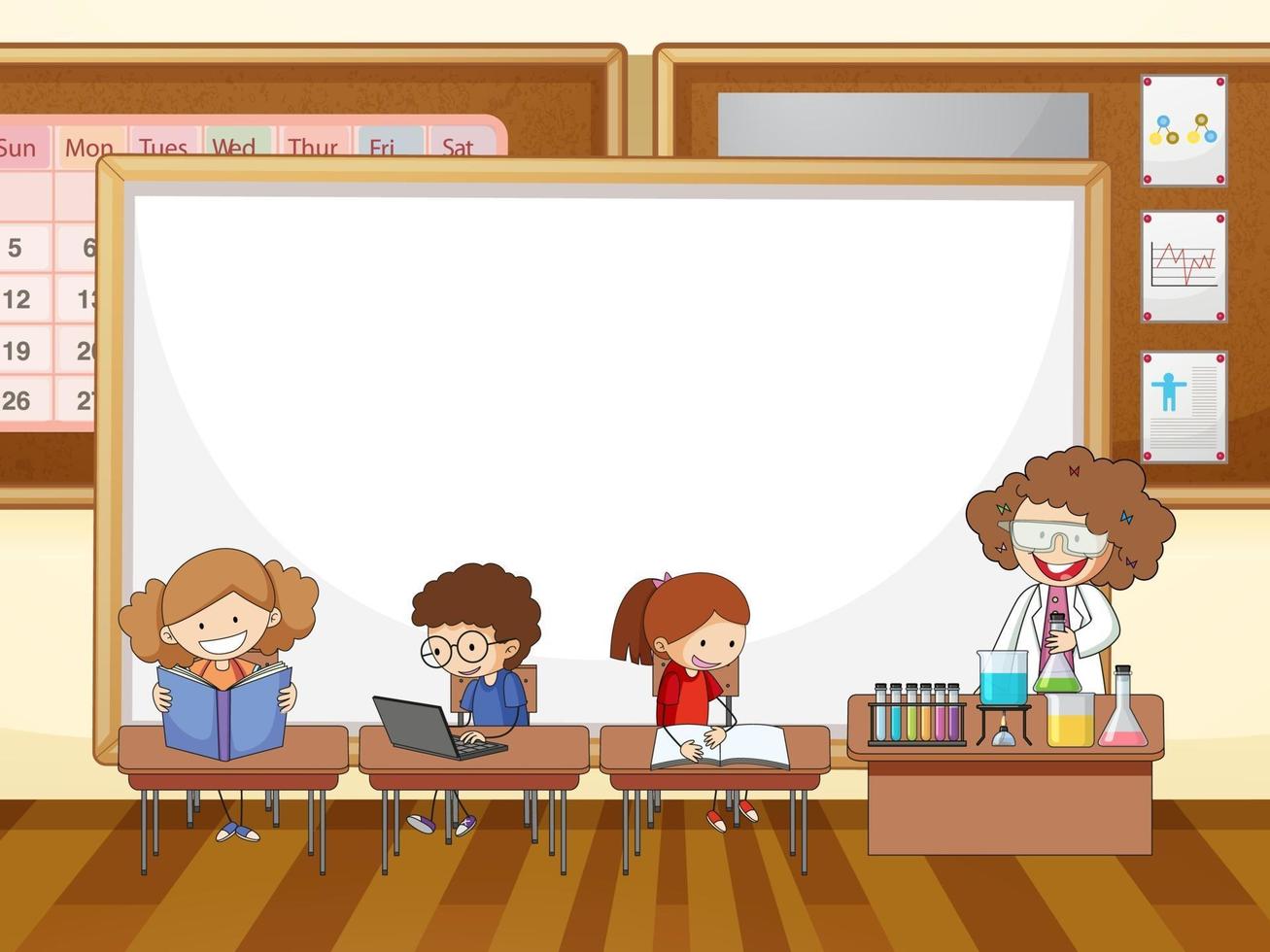 Classroom scene with blank banner and many kids doodle cartoon character vector