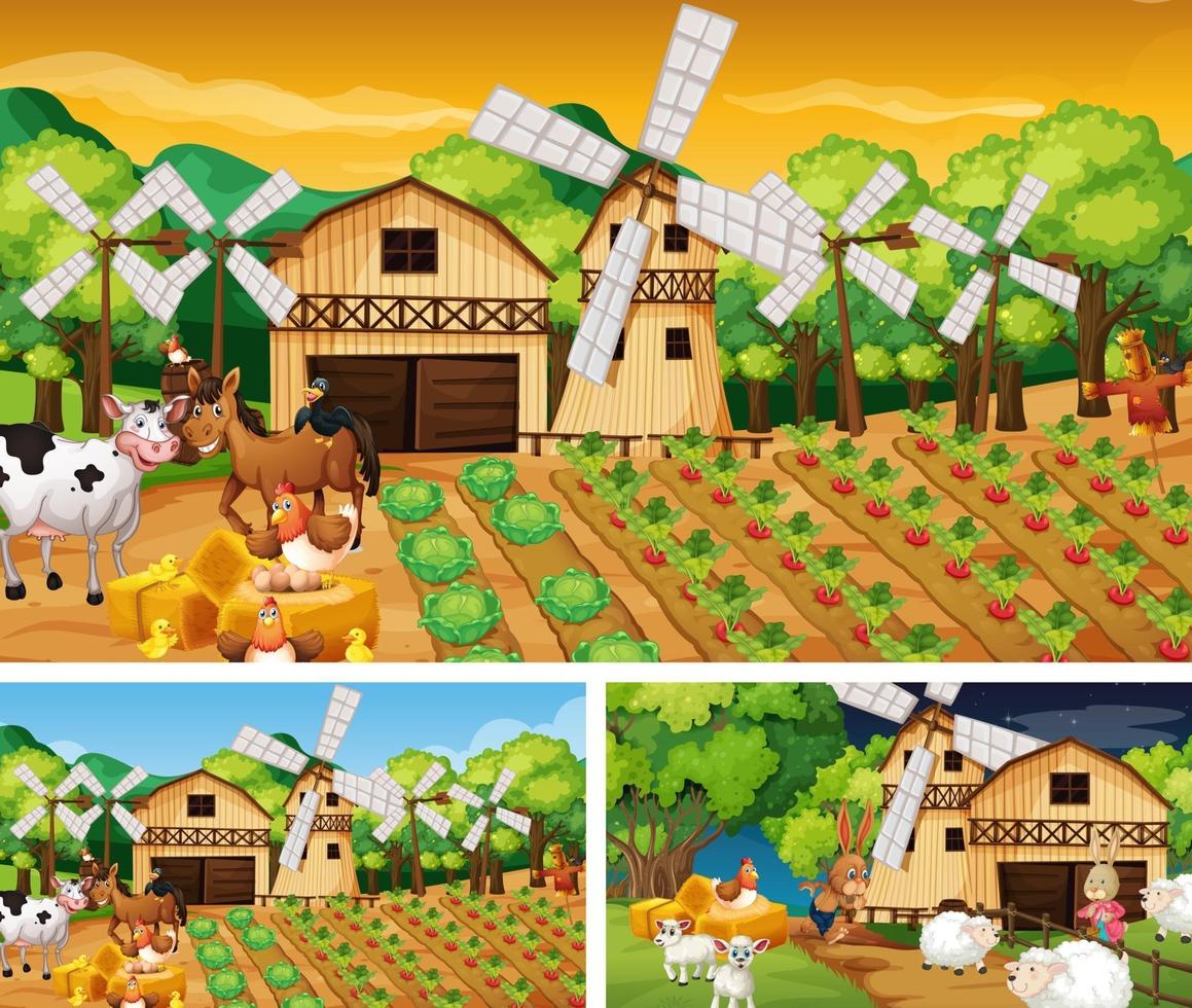 Diferentes escenas de la granja con personajes de dibujos animados de animales de granja. vector