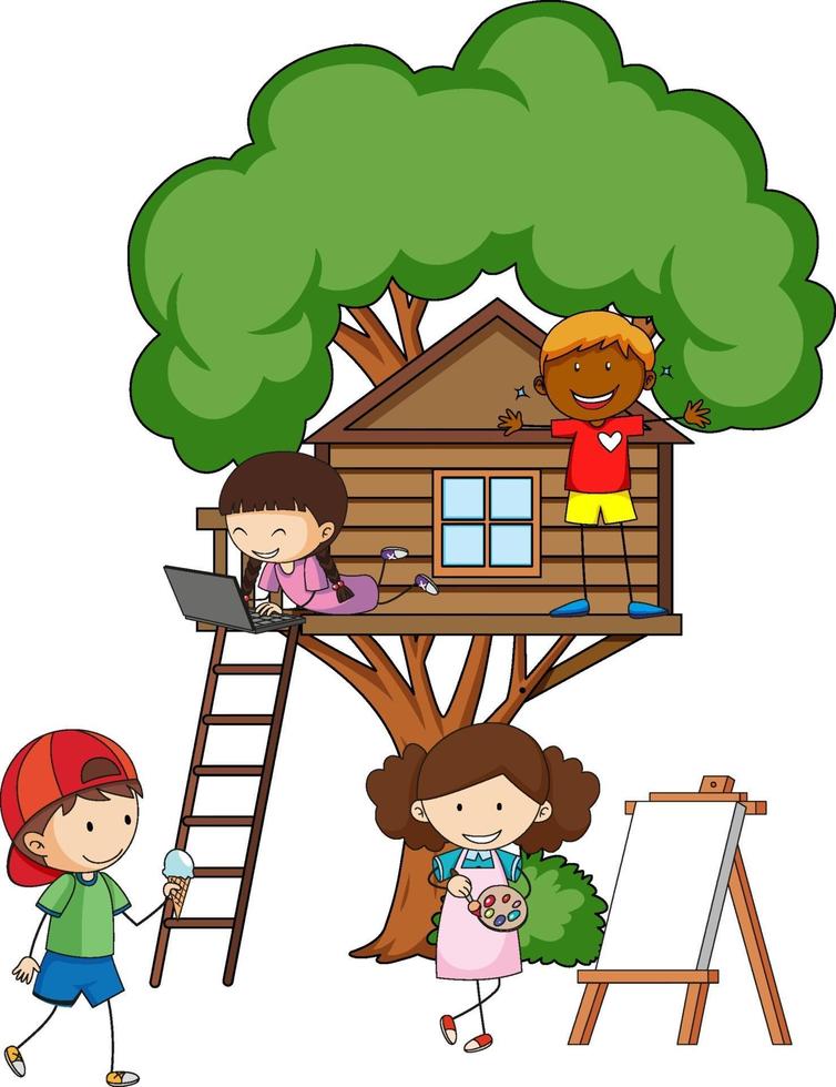 Tree house with many kids doing different activities vector