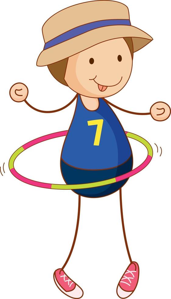 Cute boy playing hula hoop cartoon character in hand drawn doodle style isolated vector