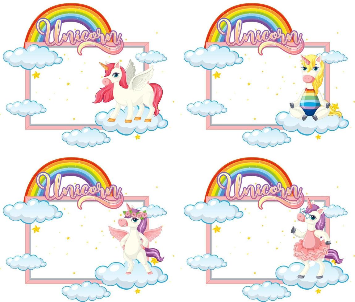 conjunto de banner vacío con lindo personaje de dibujos animados de unicornio sobre fondo blanco vector