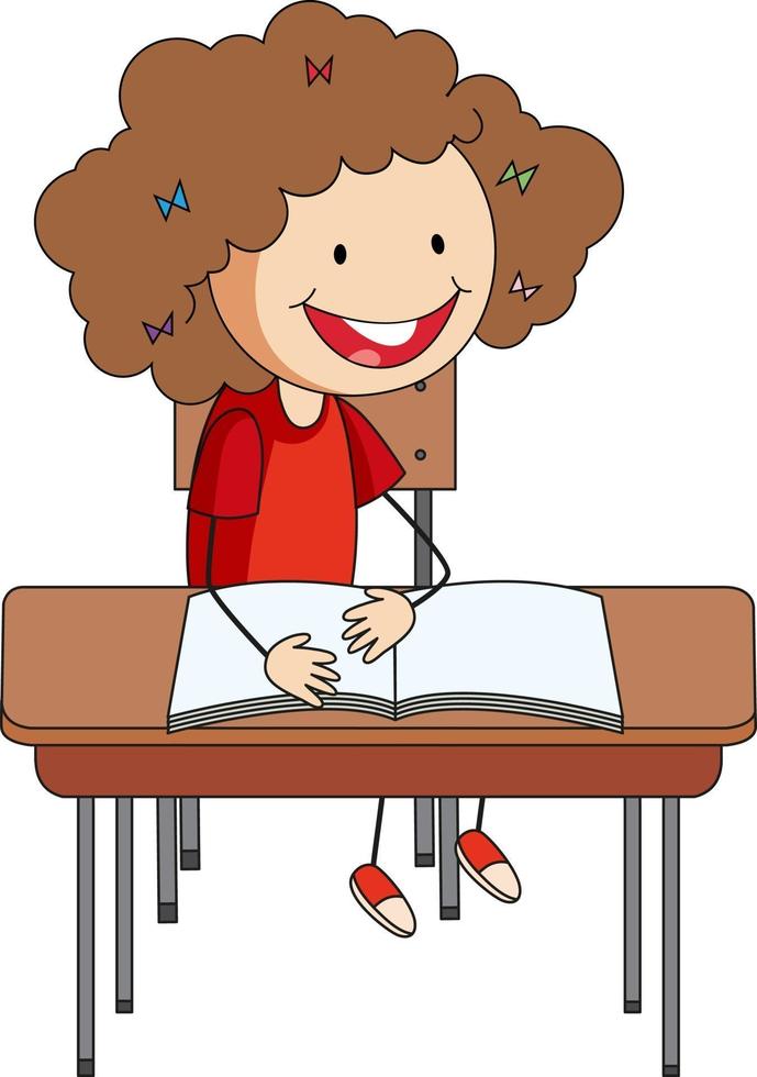 A girl doing homework doodle cartoon character vector