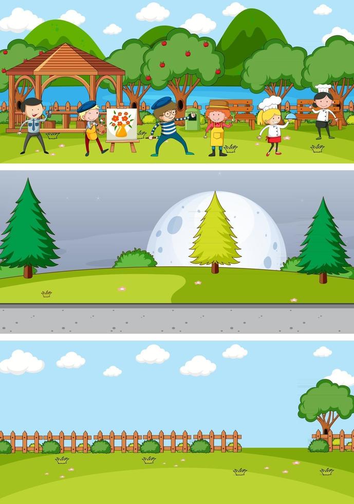 Set of different horizontal scenes background with doodle kids cartoon character vector