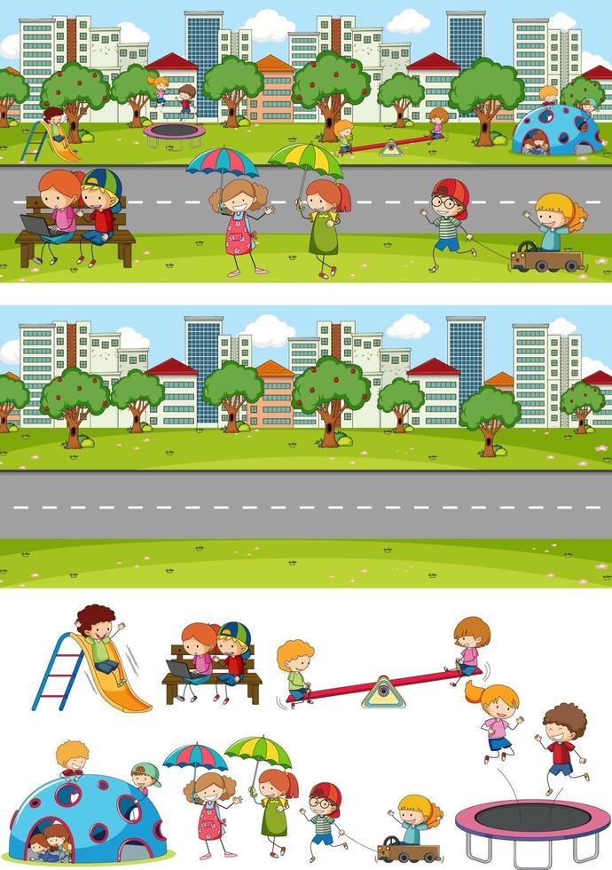 Set of different horizontal park scenes with doodle kids cartoon character vector