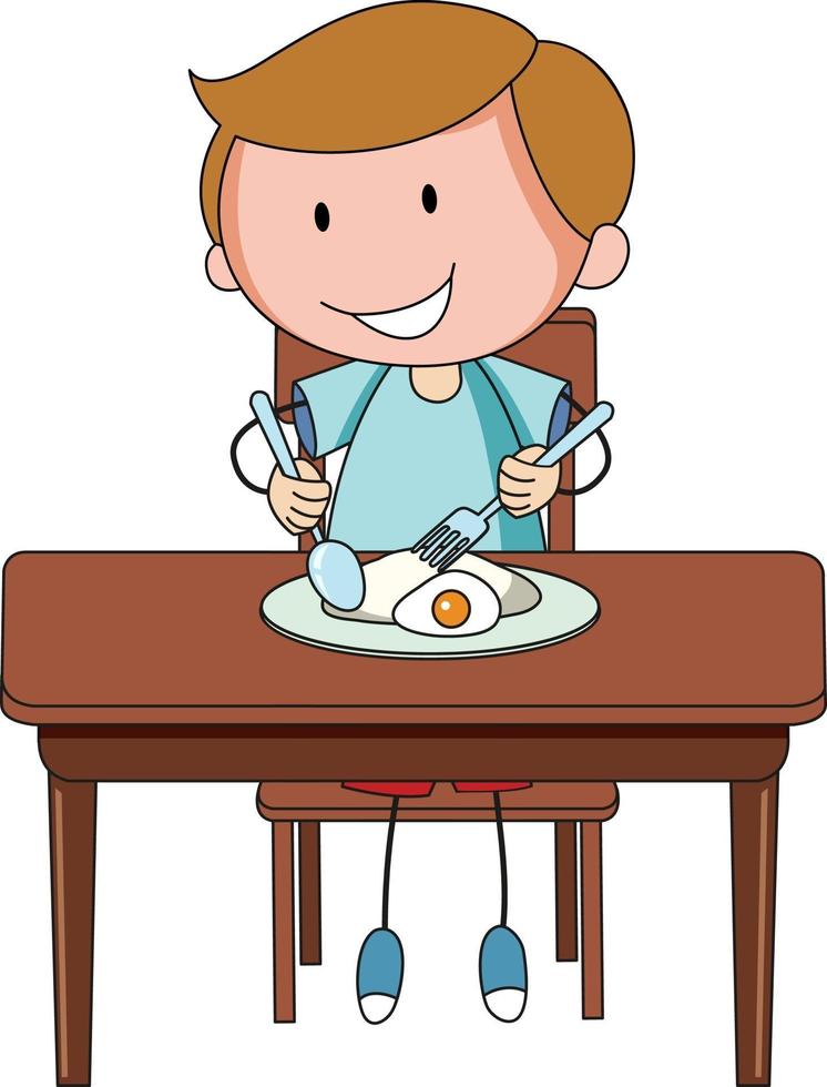 A boy having breakfast doodle cartoon character isolated vector