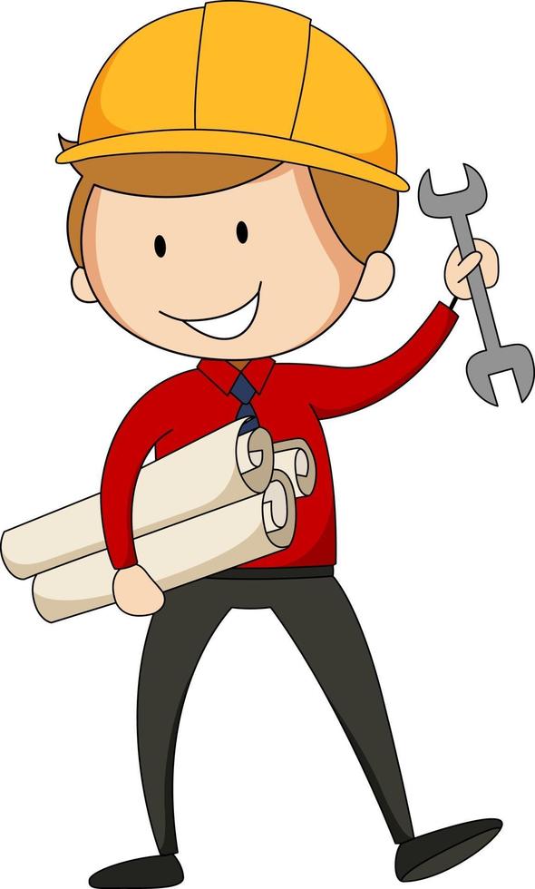 Little engineer doodle cartoon character isolated vector