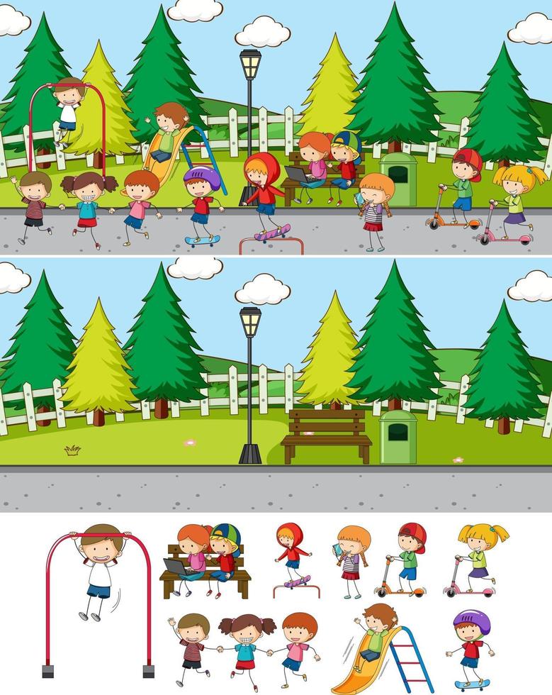 Park scene set with many kids cartoon character isolated vector