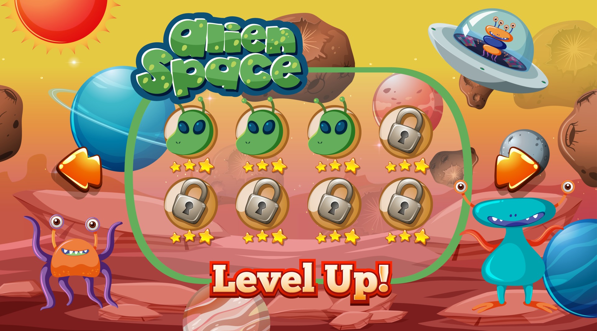 Level up screen game with alien and ufo theme template 2594037 Vector Art at Vecteezy Level up screen game with alien and ufo theme template 2594037 Vector Art at Vecteezy