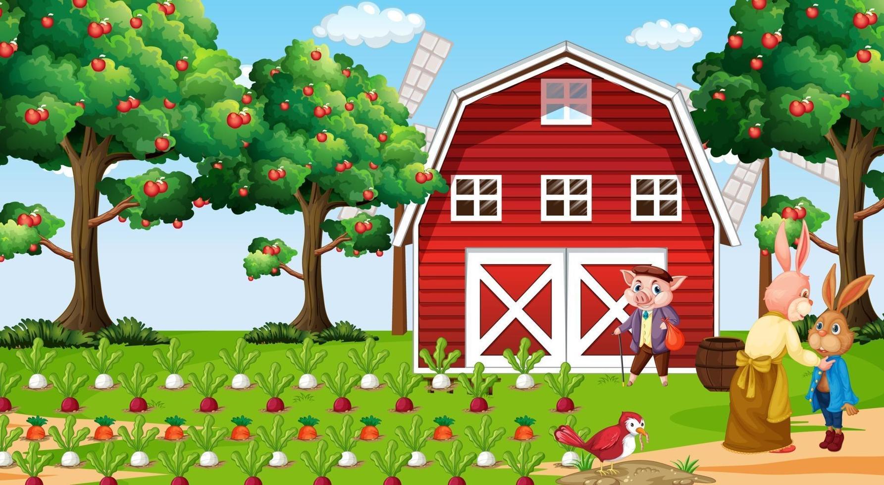 granja en escena diurna con familia de conejos. vector