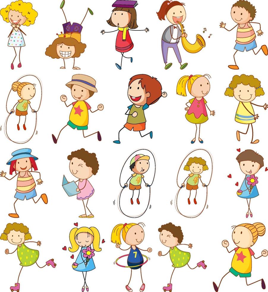 Set of different doodle kids cartoon character vector