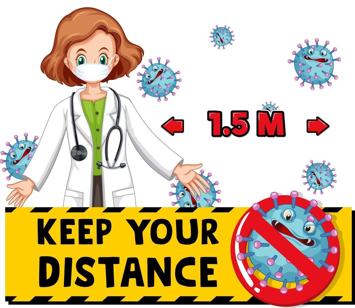 Keep your distance font design with a female wearing medical mask isolated on white background vector