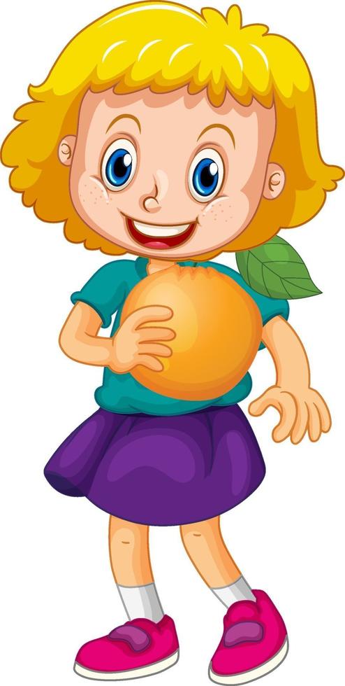A girl holding an orange fruit cartoon character isolated on white background vector