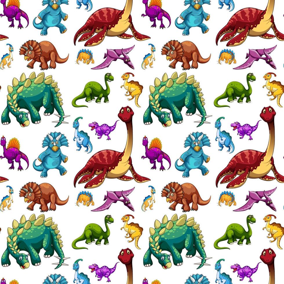 Seamless pattern with various dinosaurs on white background vector