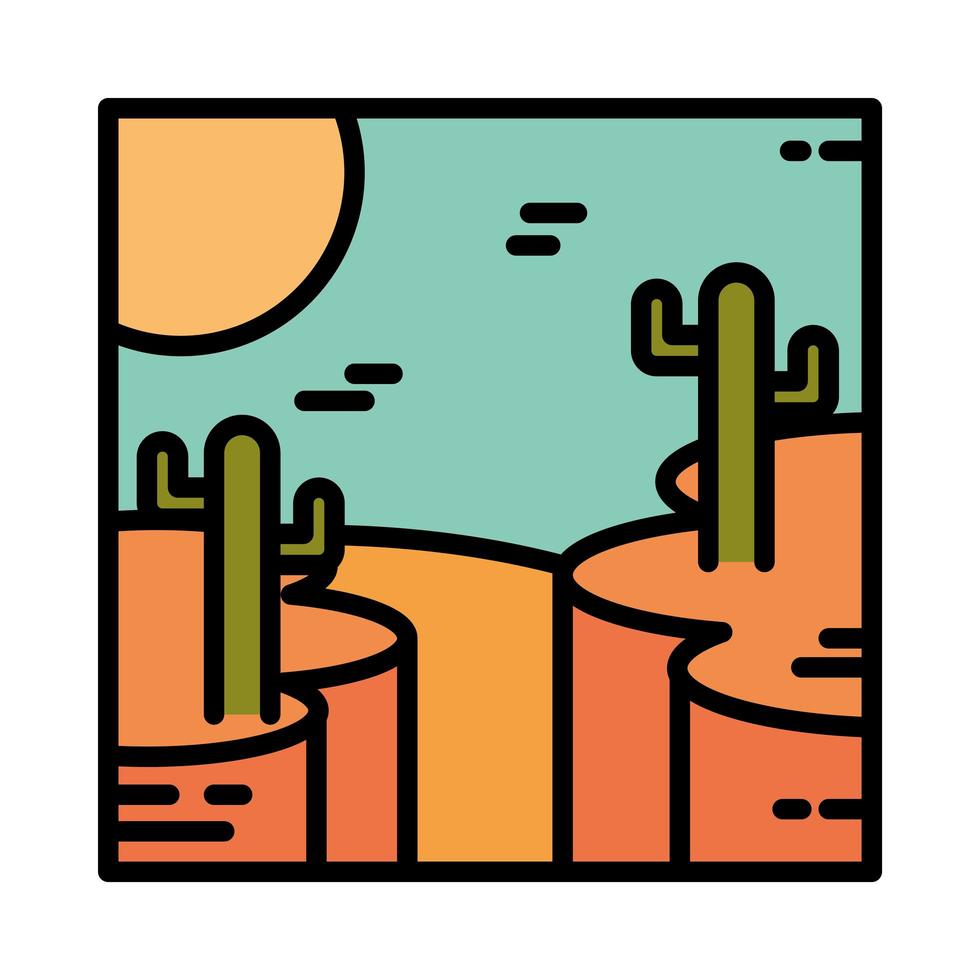 paisaje desierto con cañón rocoso cactus sol línea de dibujos animados y estilo de relleno vector