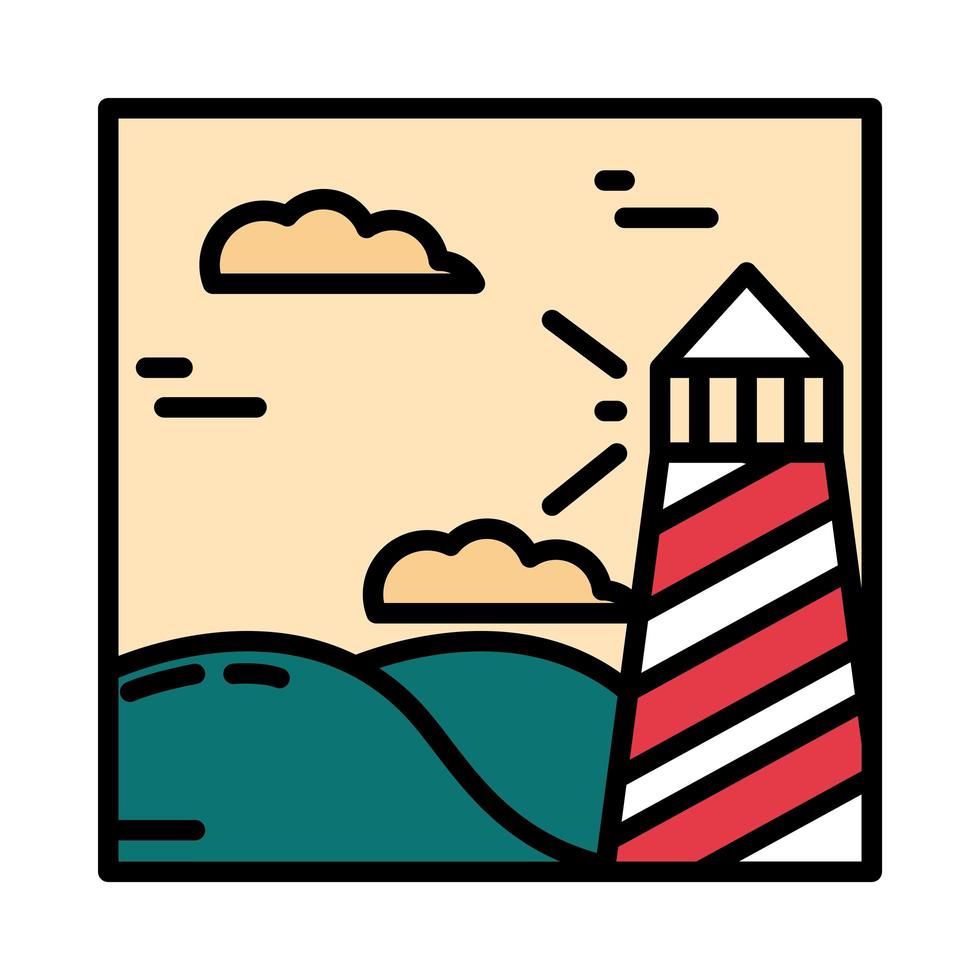 landscape lighthouse hills sky clouds scene cartoon line and fill style vector