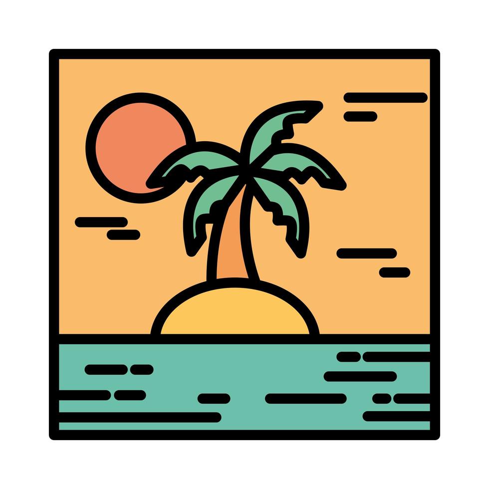 landscape tropical island palm tree sun cartoon line and fill style vector