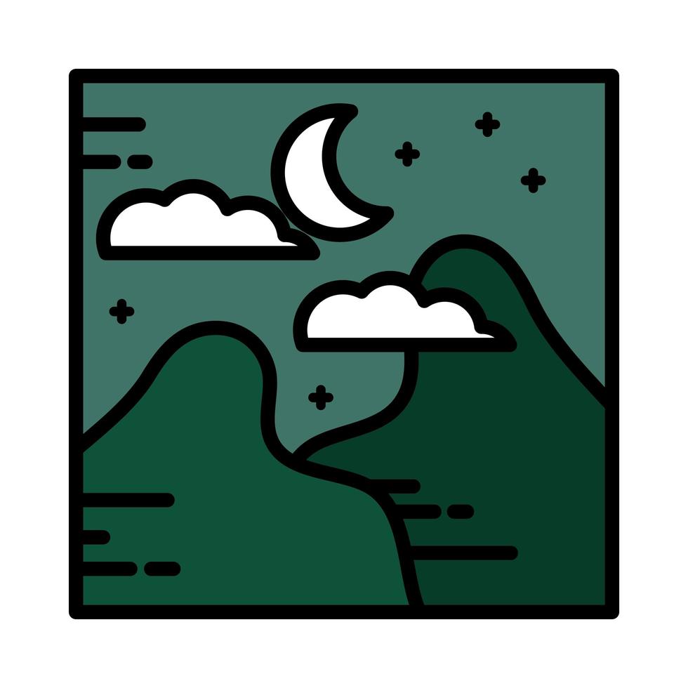 paisaje montañas naturaleza noche luna nubes cielo dibujos animados línea y estilo de relleno vector