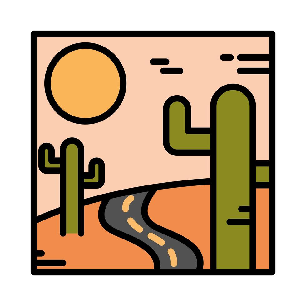 paisaje desierto camino cactus arena sol naturaleza escena línea y estilo de relleno vector