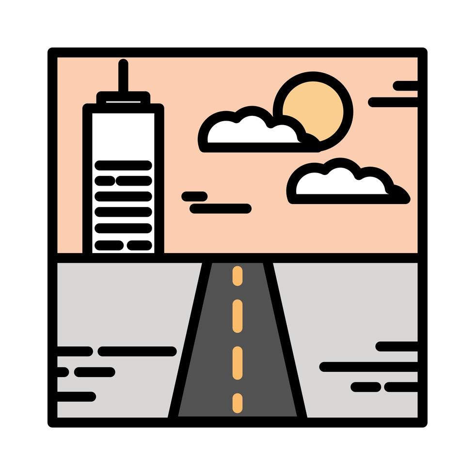 landscape urban building street sky clouds sun cartoon line and fill style vector