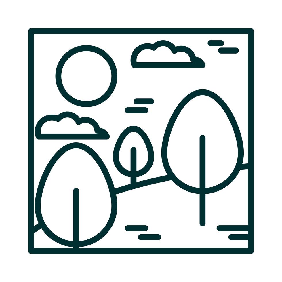 landscape forest trees desert clouds sun cartoon line icon style vector