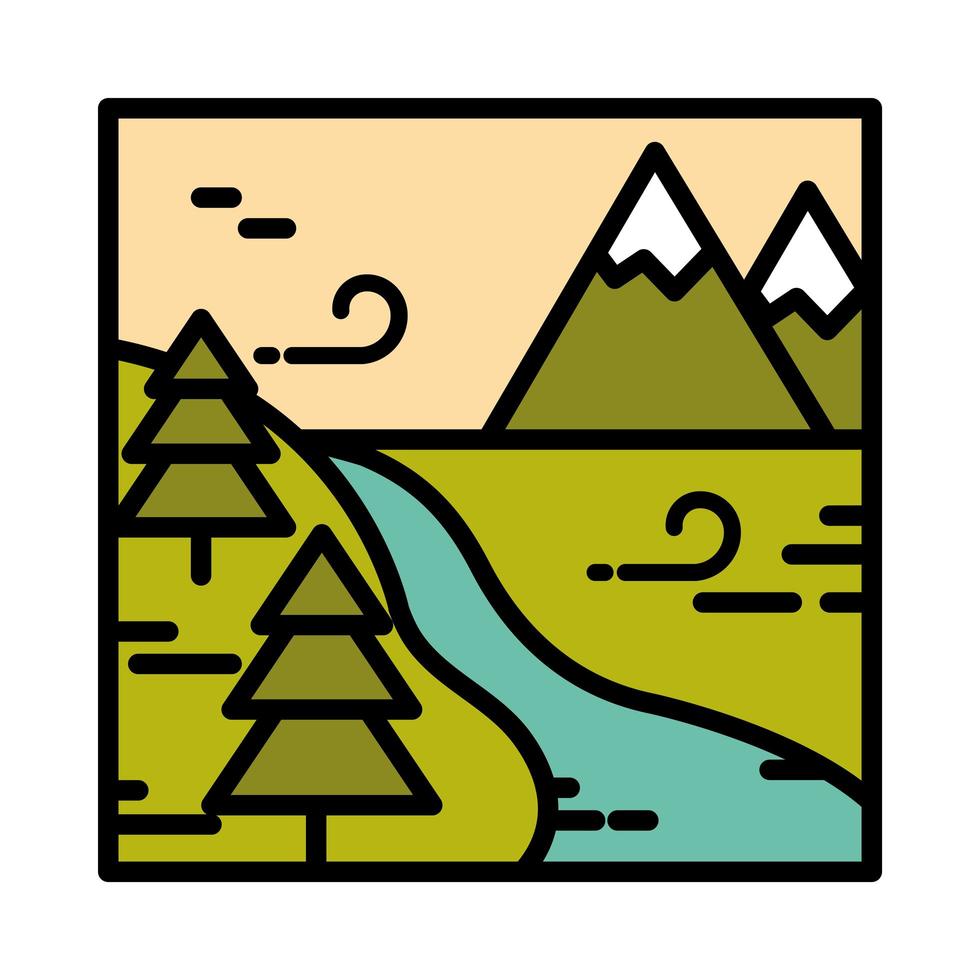 landscape mountains pine trees river meadow nature cartoon line and fill style vector