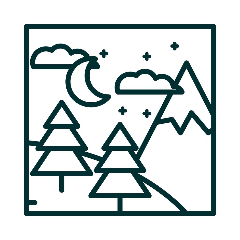 landscape mountain pine trees night moon sky nature scene line icon style vector