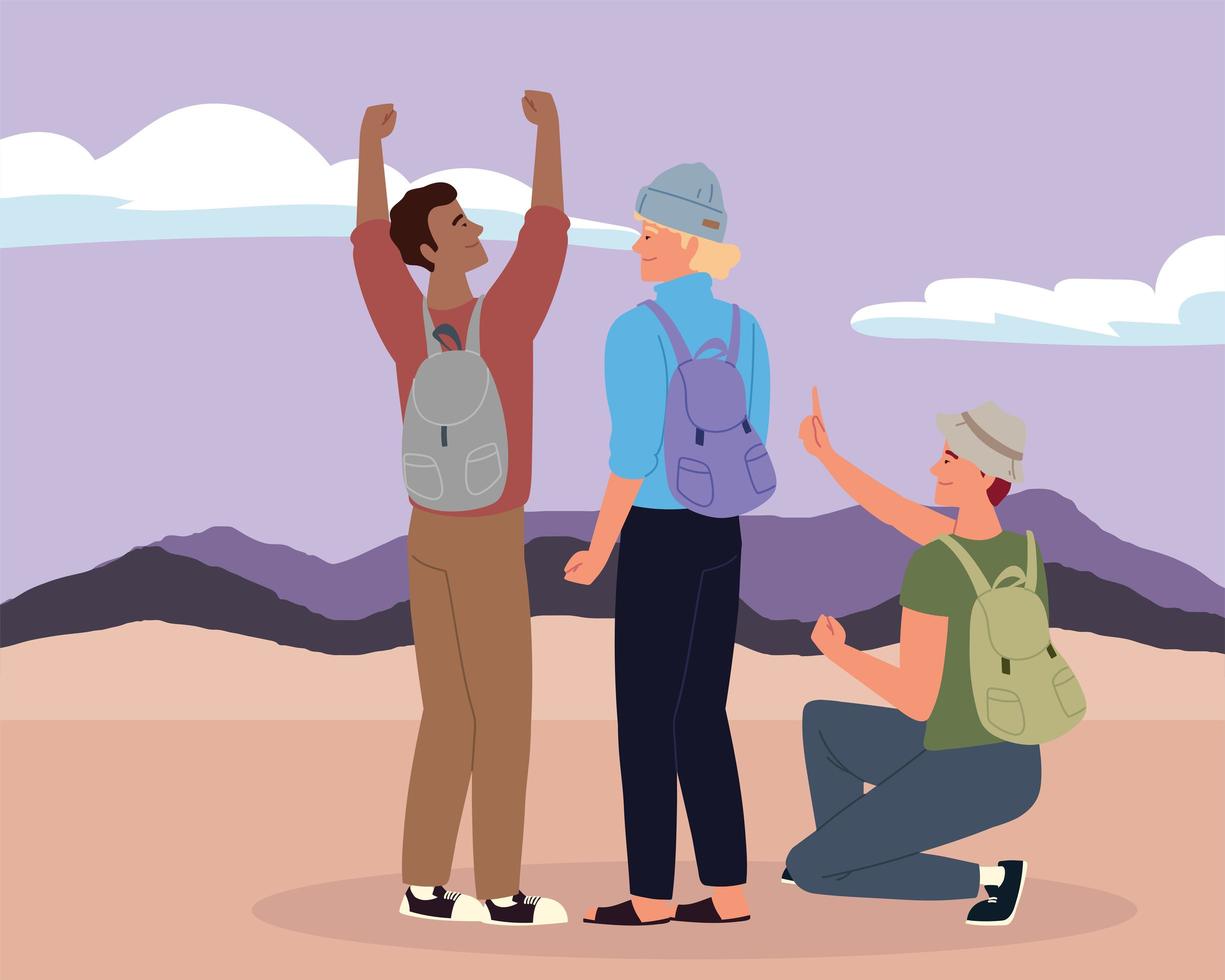 men tourist with backpacks vector
