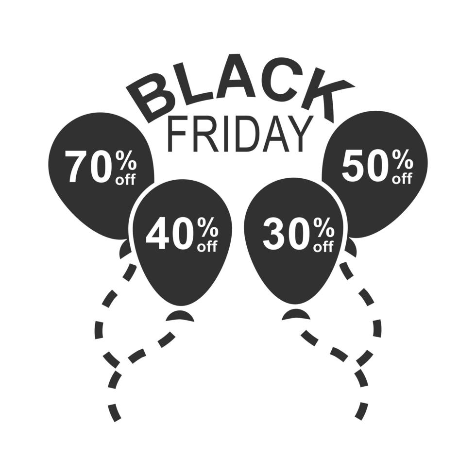 black friday balloons with percent discount offer sale celebration icon silhouette style vector