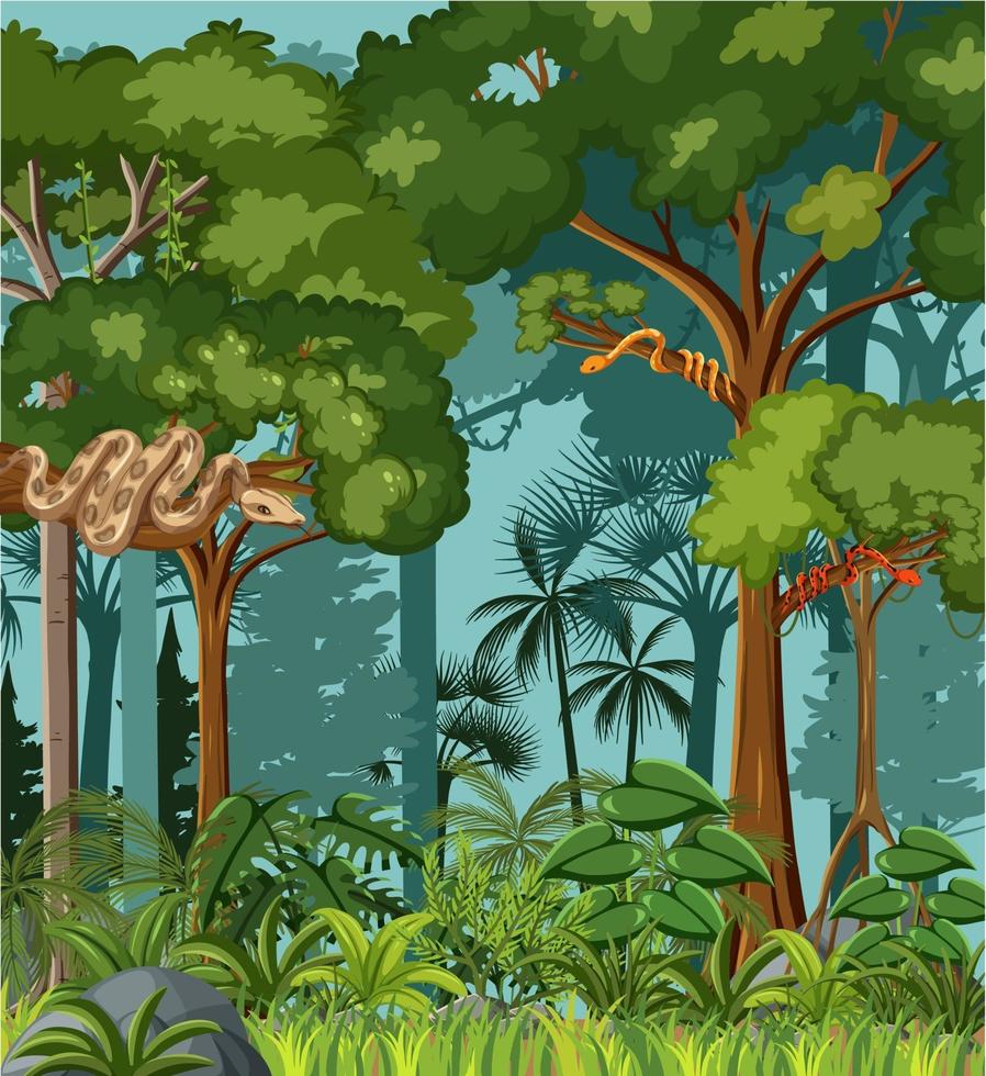 Tropical rainforest scene with various wild animals vector