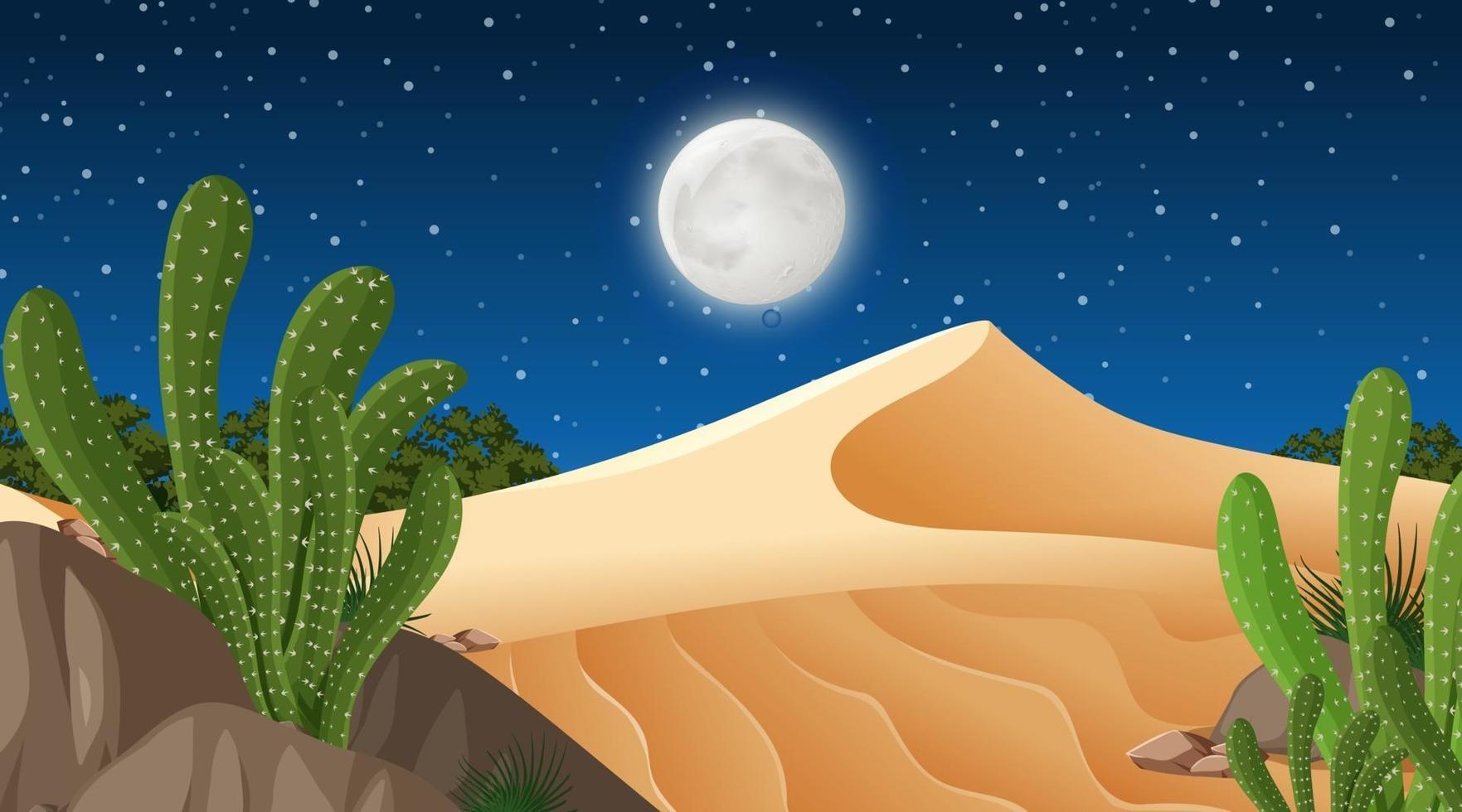 paisaje de bosque desértico en la escena nocturna con muchos cactus vector