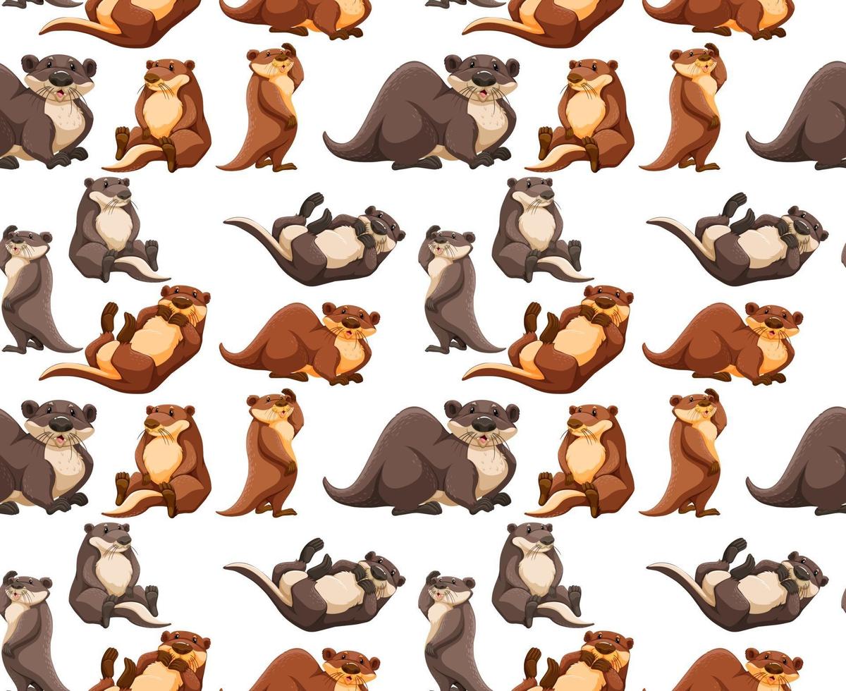 Seamless pattern with cute otter in different poses on white background vector