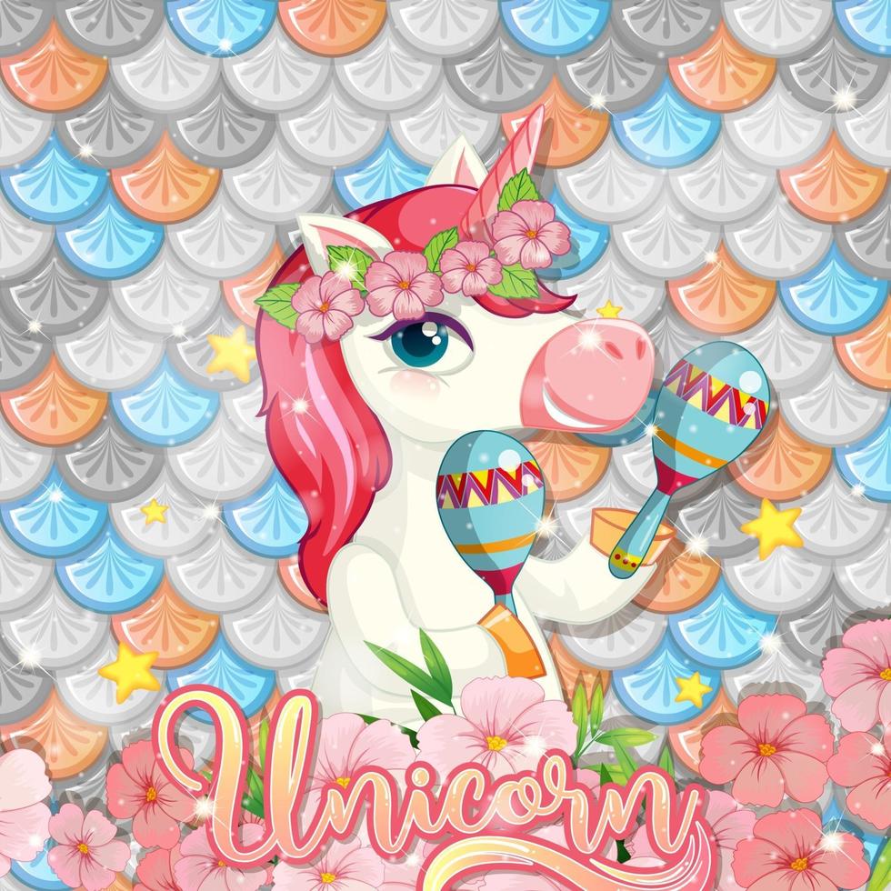 Cute unicorn on rainbow fish scales background vector