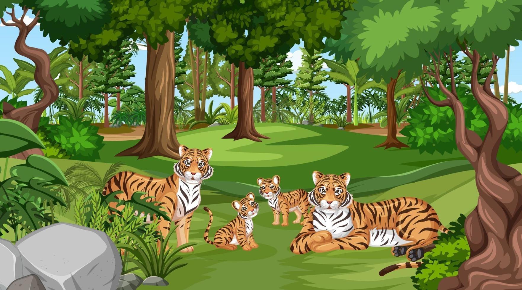 Tiger Family in the forest scene with many trees vector