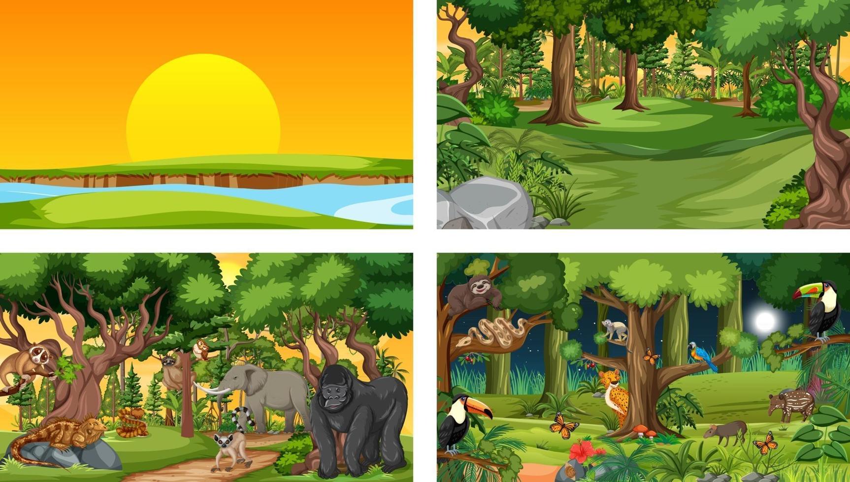 Conjunto de escena horizontal de bosque diferente con varios animales salvajes vector