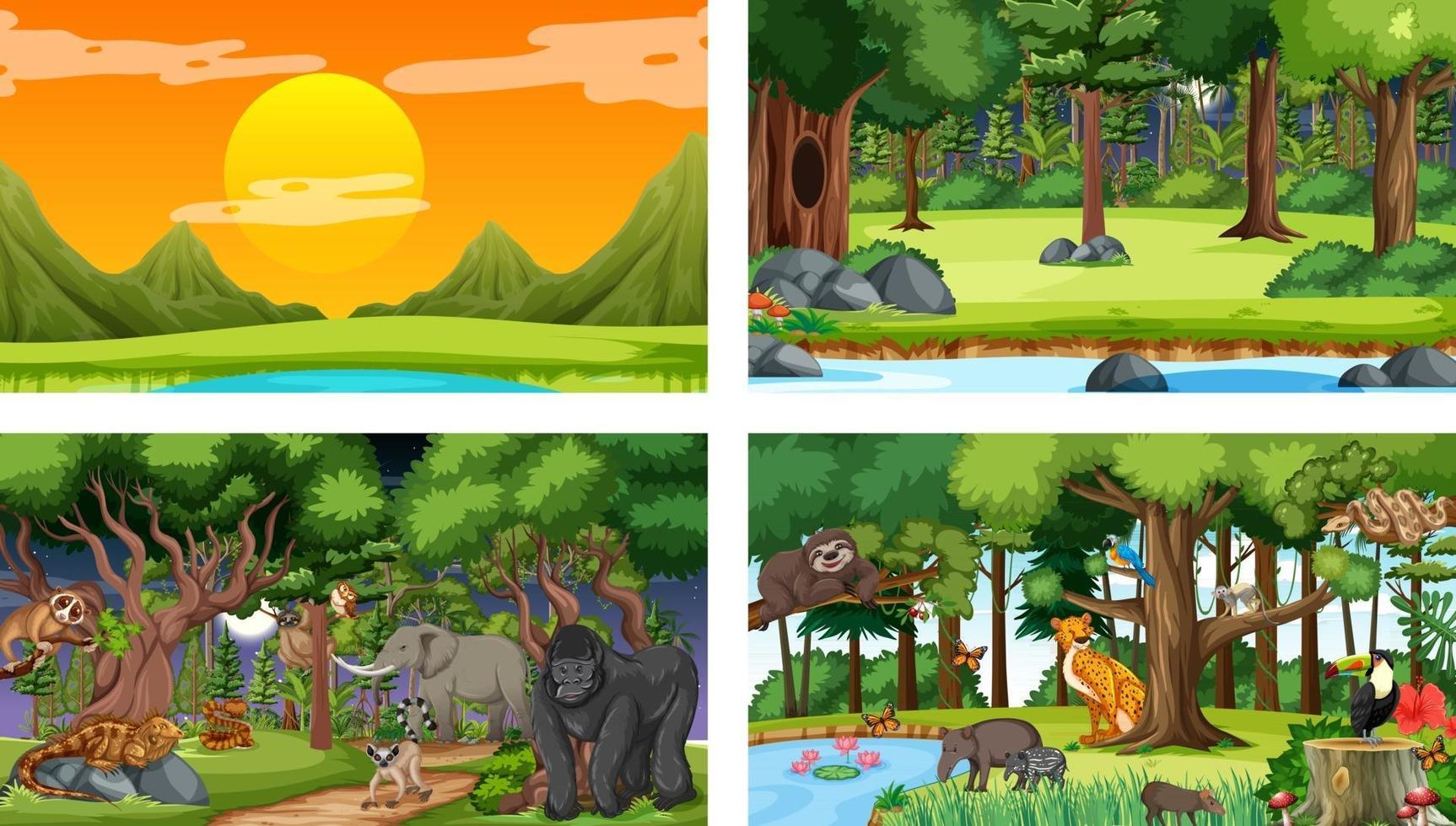 Set of different forest horizontal scene with various wild animals vector