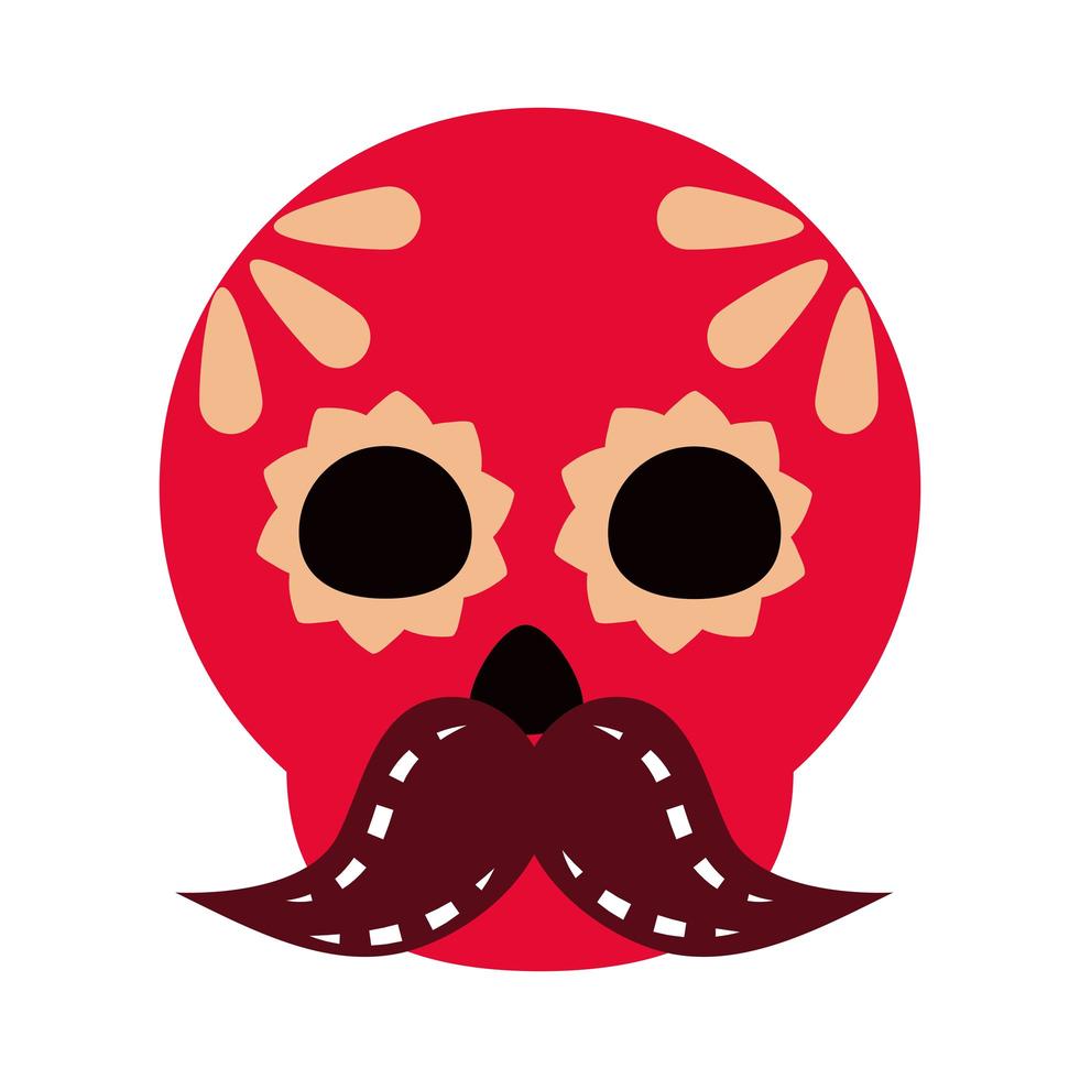 cráneo del día de los muertos con decoración floral y bigote icono de celebración mexicana estilo plano vector