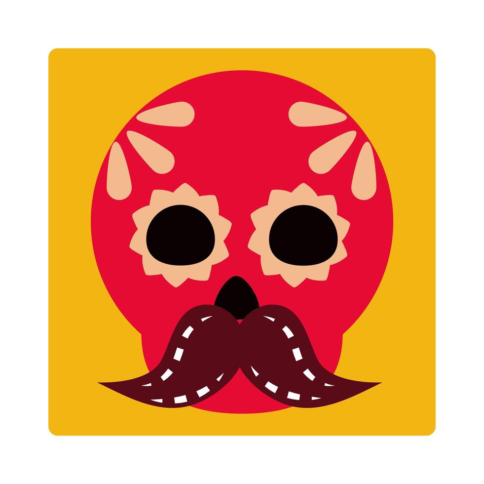 día de los muertos cráneo con decoración floral y bigote celebración mexicana icono bloque y plano vector