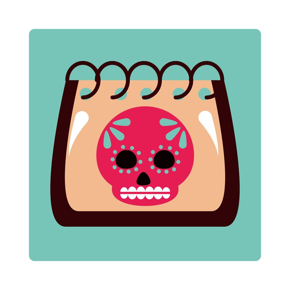 día de los muertos cráneo en calendario recordatorio festival celebración mexicana icono bloque y plano vector