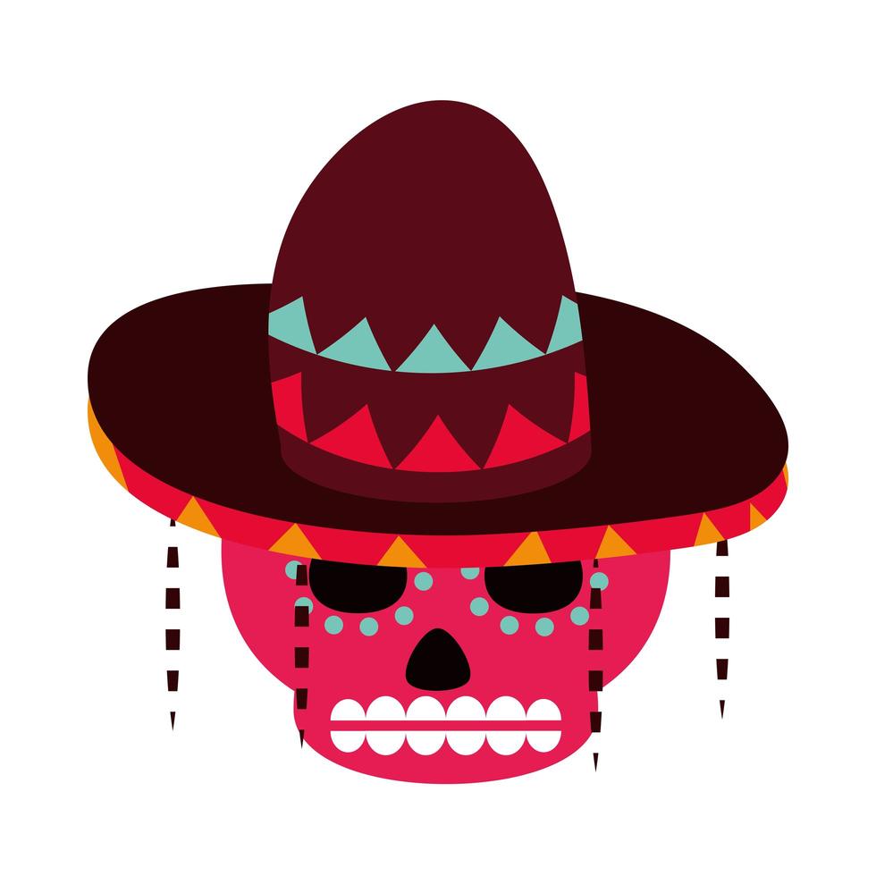 día de los muertos calavera de azúcar flores y sombrero decoración icono de celebración mexicana estilo plano vector